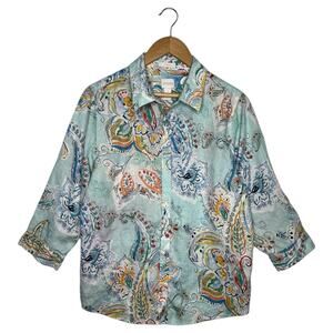 Chicos Top Womens Large 2 Green Linen Paisley Floral Button Up Cottage Beach